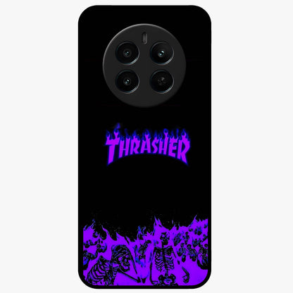 Neon Flame Riot Glass Case showing flat back view with neon flame artwork and glossy glass finish.