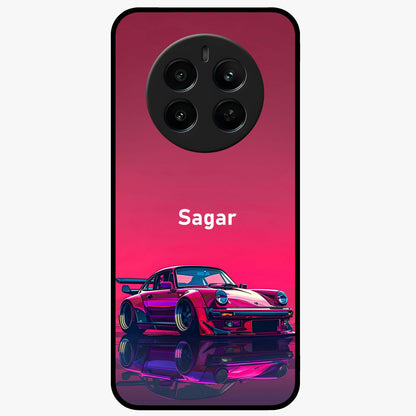 Neon Pink Porsche Glass Case showing flat back view with stylish sports car artwork and glossy glass finish.