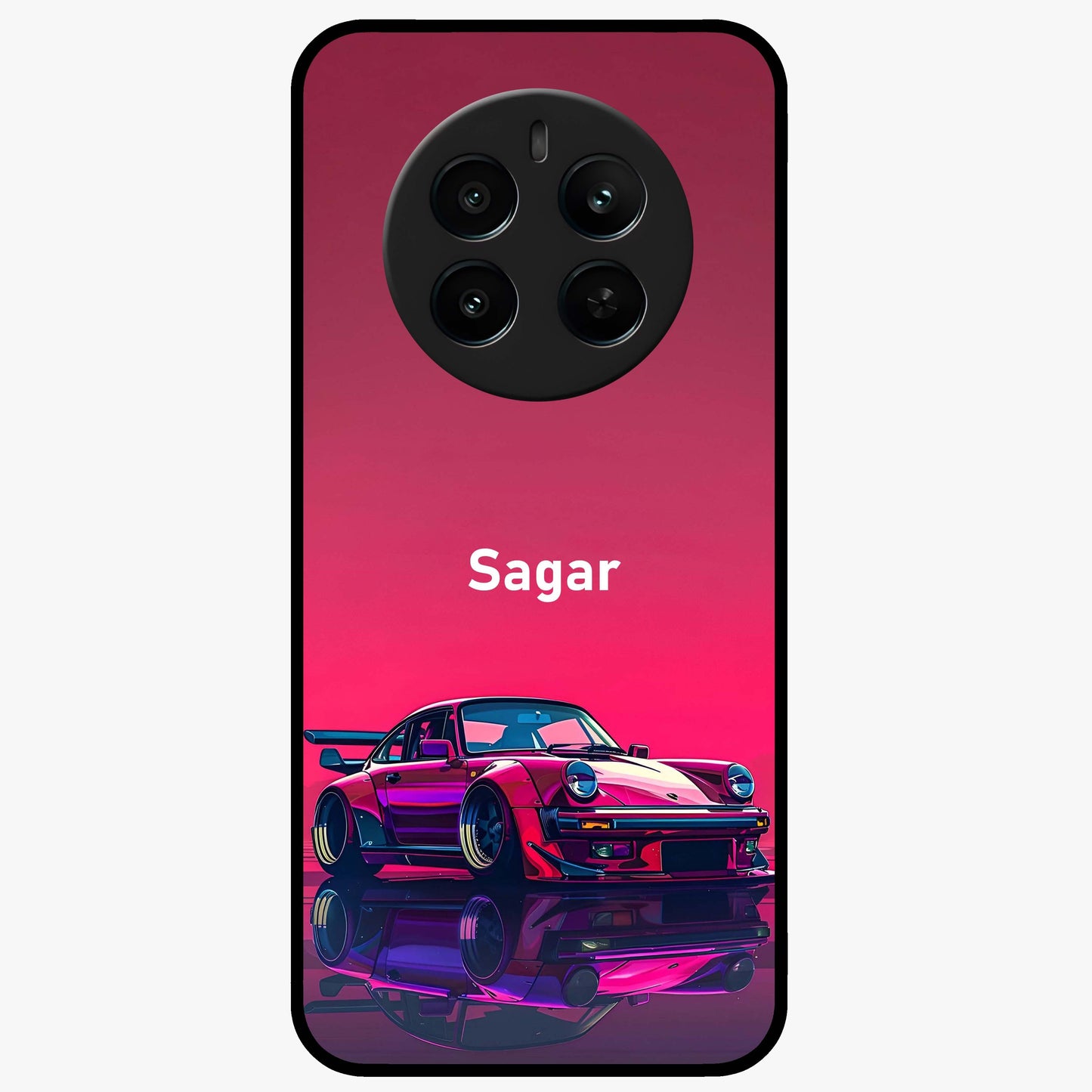 Neon Pink Porsche Glass Case showing flat back view with stylish sports car artwork and glossy glass finish.