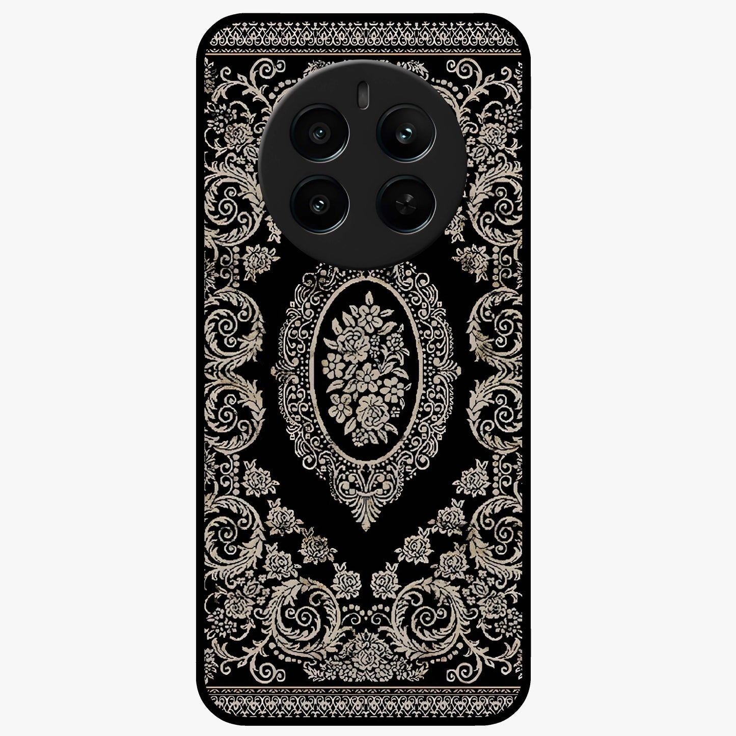 Noir Bloom Elegance Glass Case showing flat back view with elegant dark floral artwork and glossy glass finish.