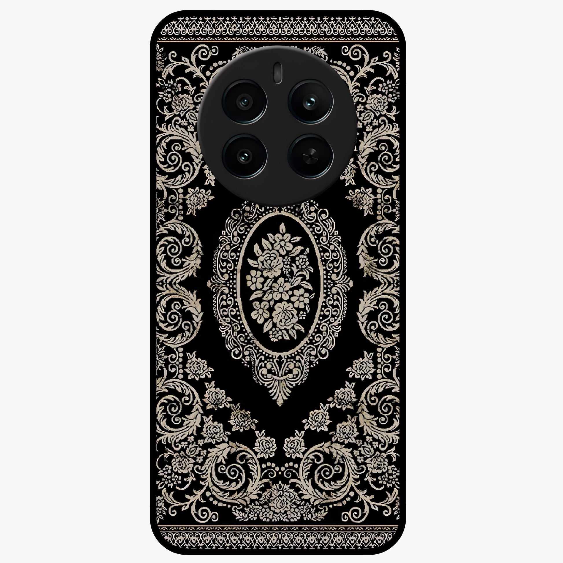Noir Bloom Elegance Glass Case showing flat back view with elegant dark floral artwork and glossy glass finish.