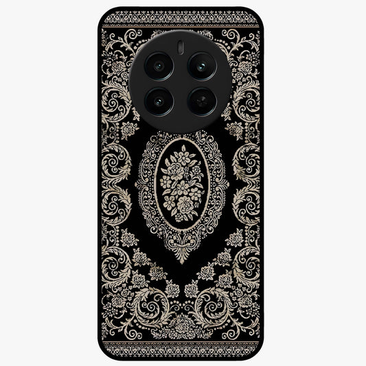 Noir Bloom Elegance Glass Case showing flat back view with elegant dark floral artwork and glossy glass finish.