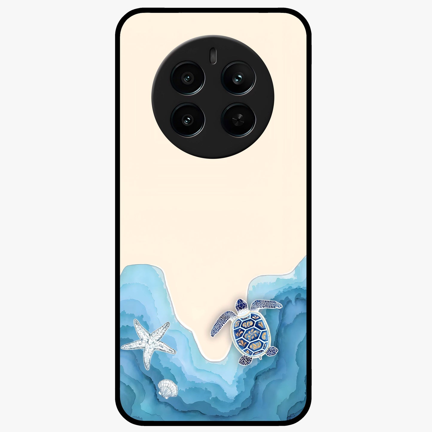 Ocean Drift Turtle Glass Case showing flat back view with sea turtle artwork and glossy glass finish.