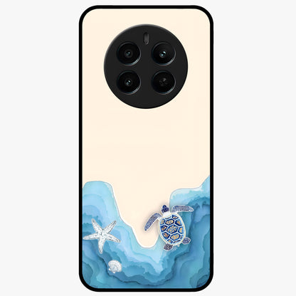 Ocean Drift Turtle Glass Case showing flat back view with sea turtle artwork and glossy glass finish.