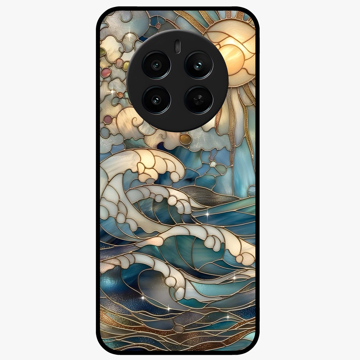 Oceanic Stained Printed Glass Case showing flat back view with ocean inspired stained pattern artwork and glossy glass finish.