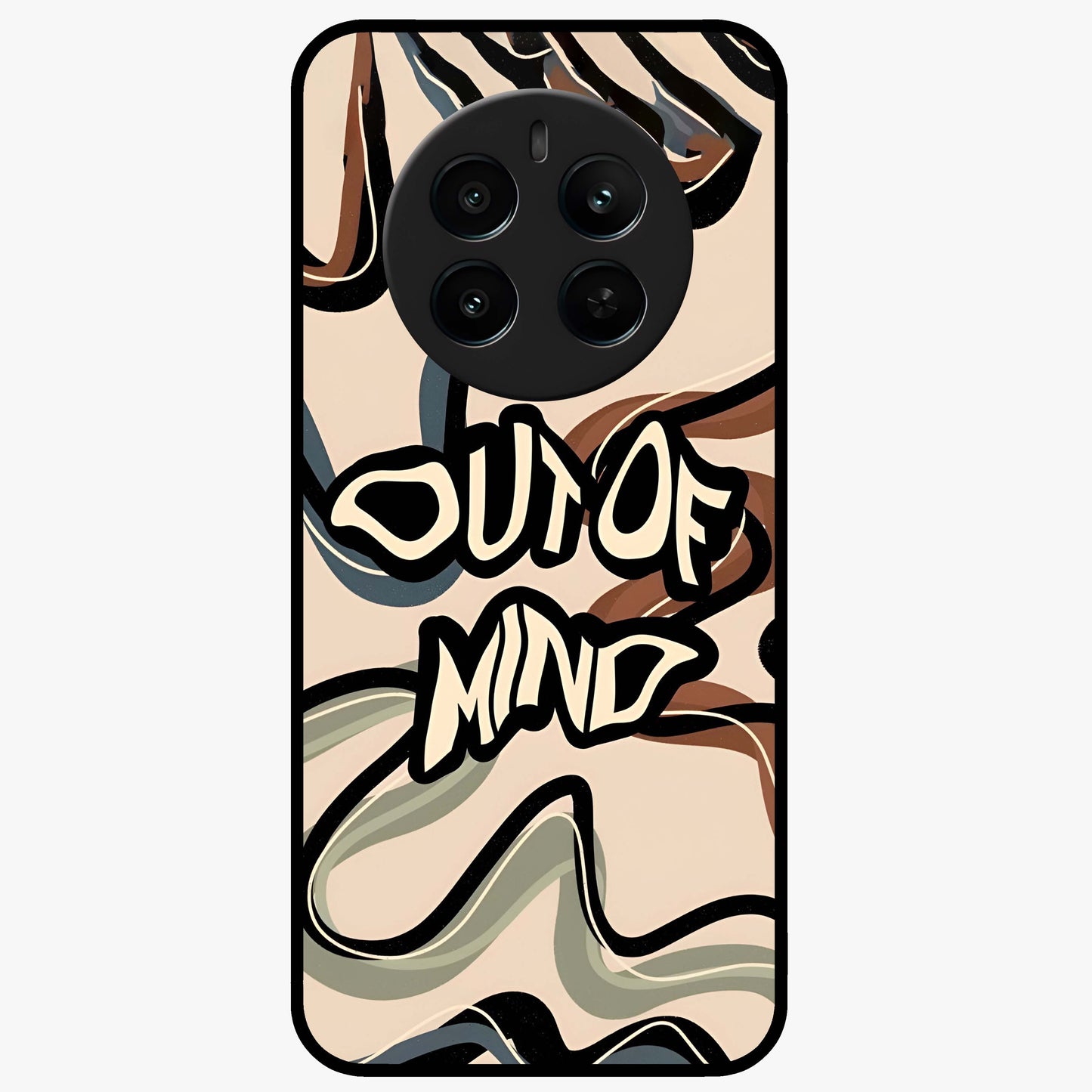 Out Of Mind Glass Case showing flat back view with expressive typography artwork and glossy glass finish.