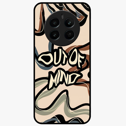 Out Of Mind Glass Case showing flat back view with expressive typography artwork and glossy glass finish.