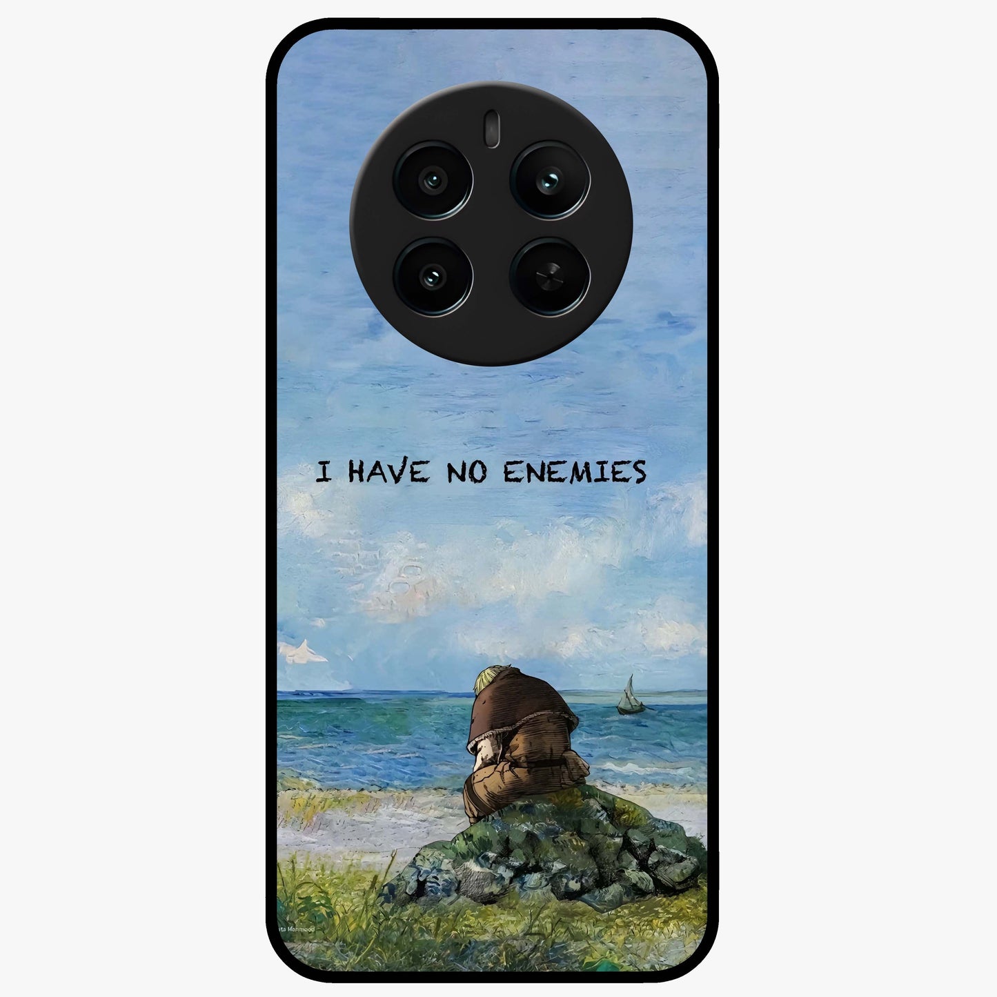 Peace Beyond War Glass Case showing flat back view with symbolic peace themed artwork and glossy glass finish.