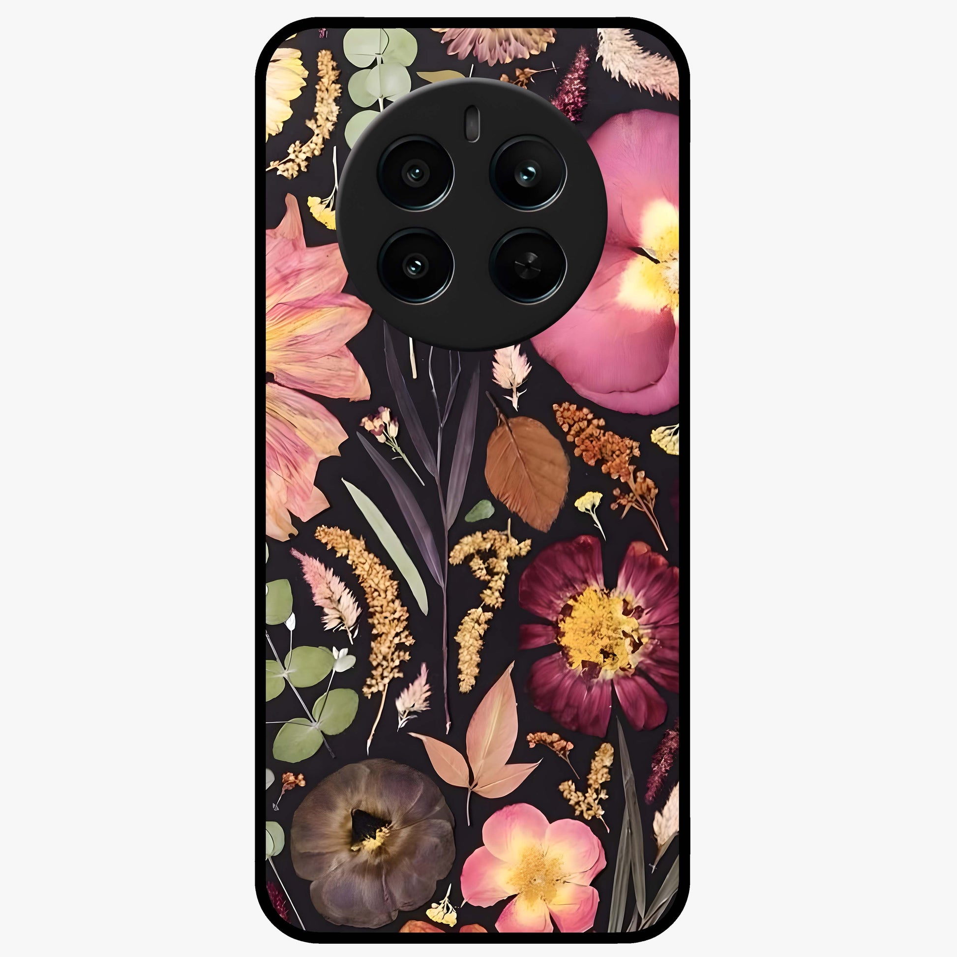 Petal Dream Tapestry Glass Case showing flat back view with intricate floral tapestry artwork and glossy glass finish.