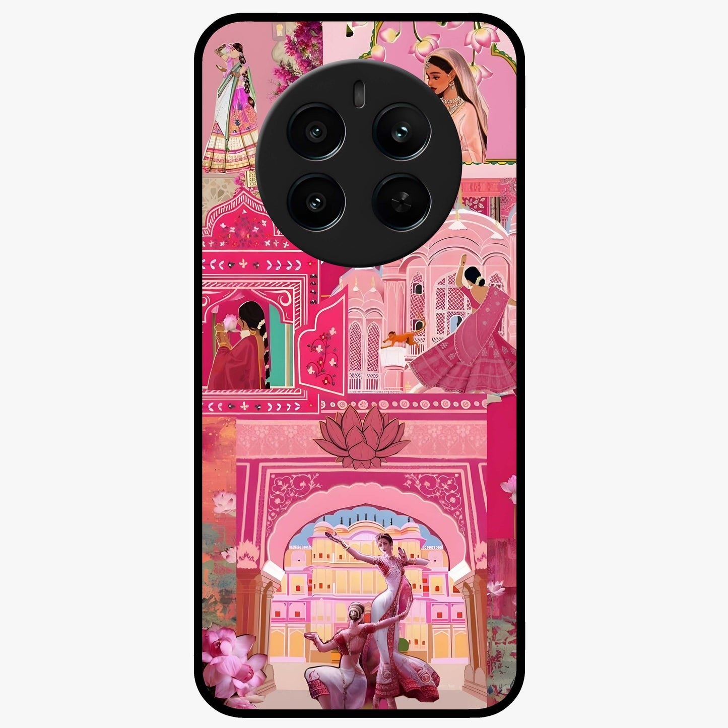 Pink Palace Muse Glass Case showing flat back view with elegant palace inspired artwork and glossy glass finish.