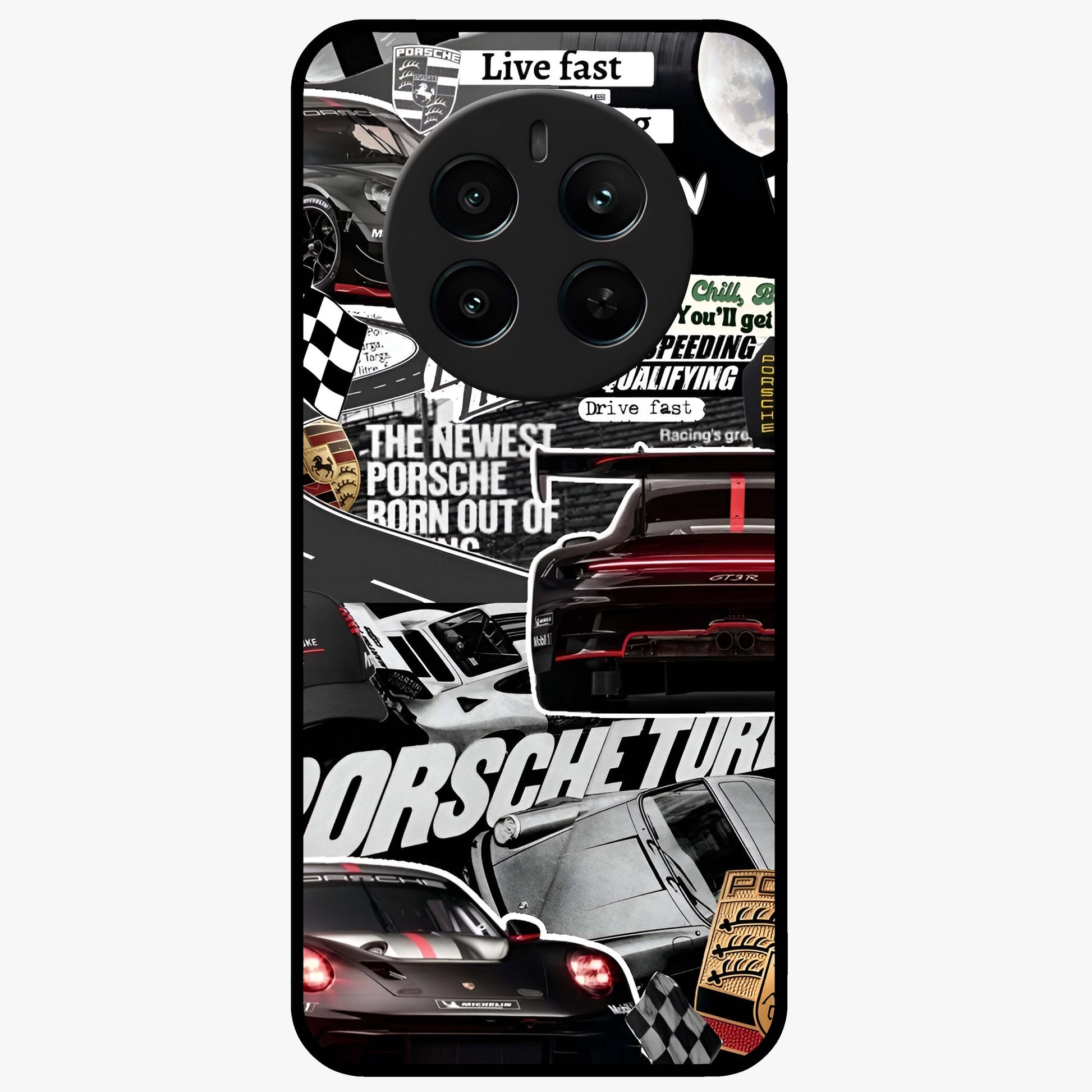Porsche Racing Collage Glass Case showing flat back view with sports car racing collage artwork and glossy glass finish.