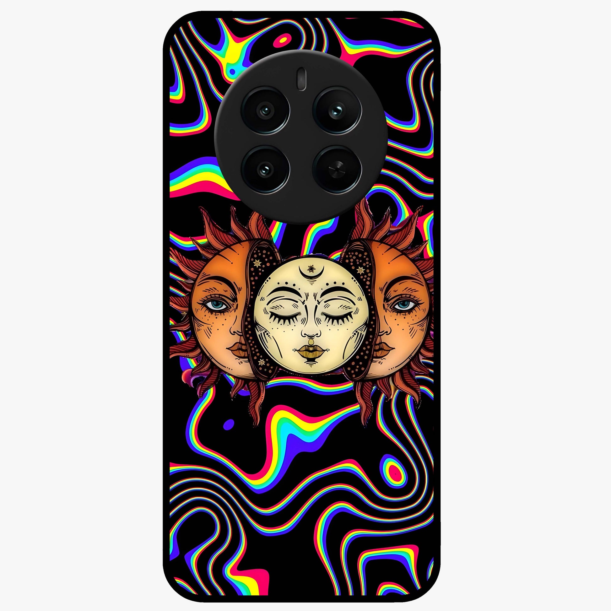 Psychedelic Sun Glass Case showing flat back view with colorful psychedelic sun artwork and glossy glass finish.