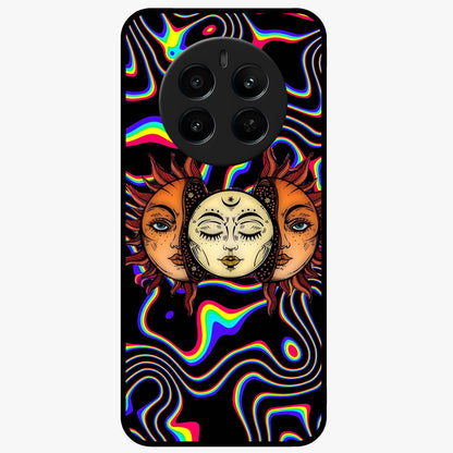Psychedelic Sun Glass Case showing flat back view with colorful psychedelic sun artwork and glossy glass finish.