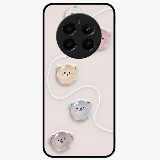 Puffy Face Parade Glass Case showing flat back view with cute puffy character faces artwork and glossy glass finish.