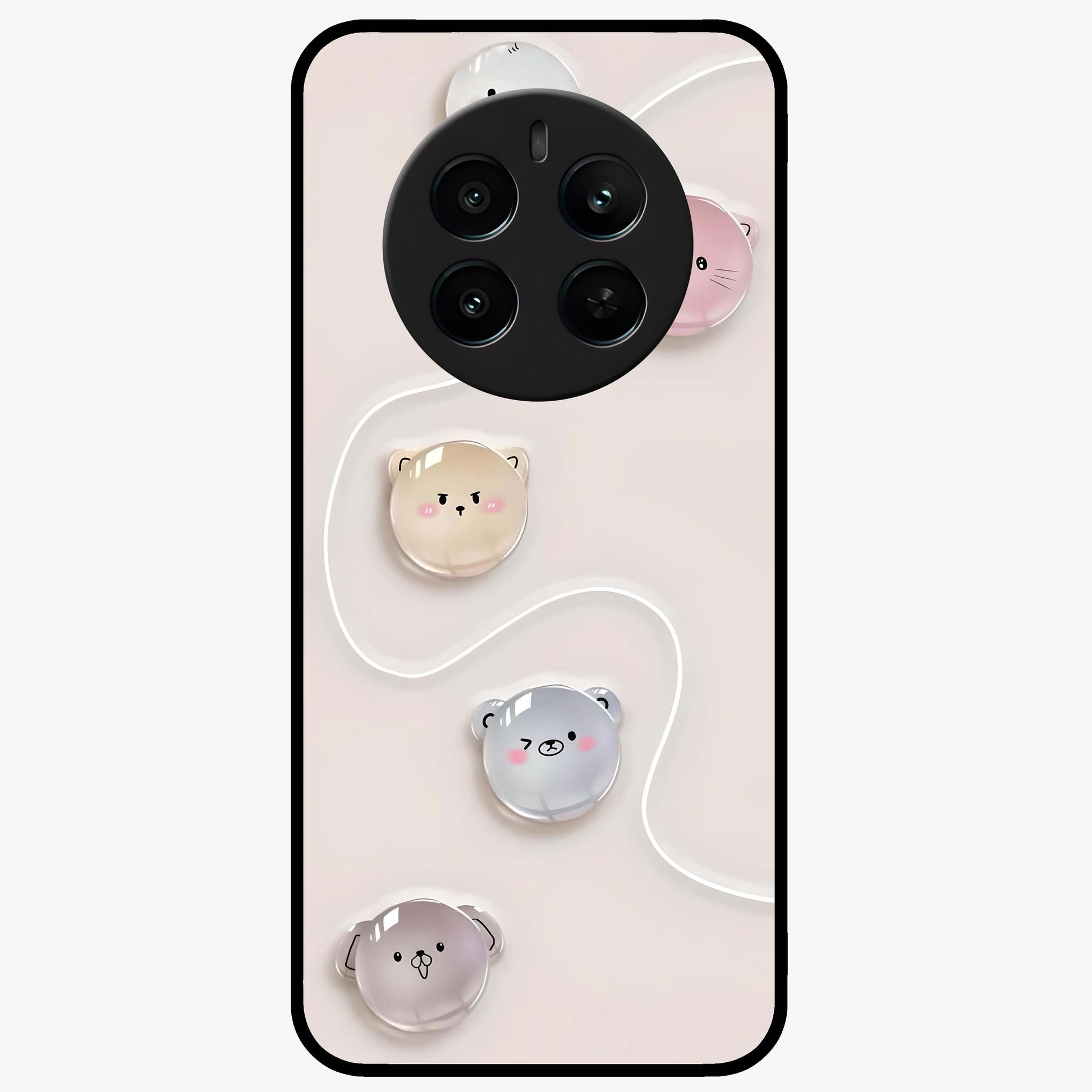 Puffy Face Parade Glass Case showing flat back view with cute puffy character faces artwork and glossy glass finish.