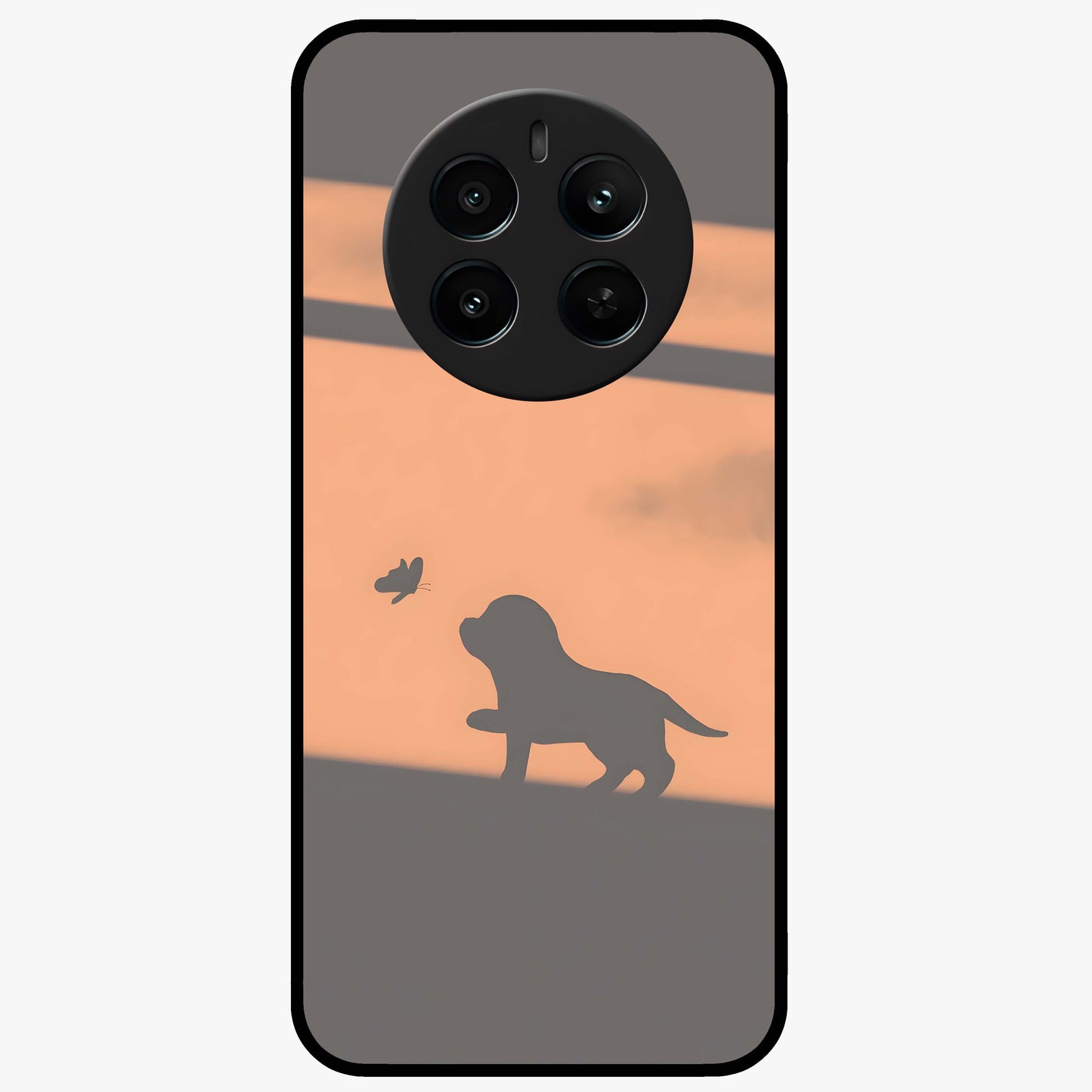 Puppy Shadow Art Glass Case showing flat back view with cute puppy shadow style artwork and glossy glass finish.