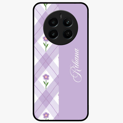 Purple Diamond Floral Glass Case showing flat back view with diamond shaped floral artwork and glossy glass finish.