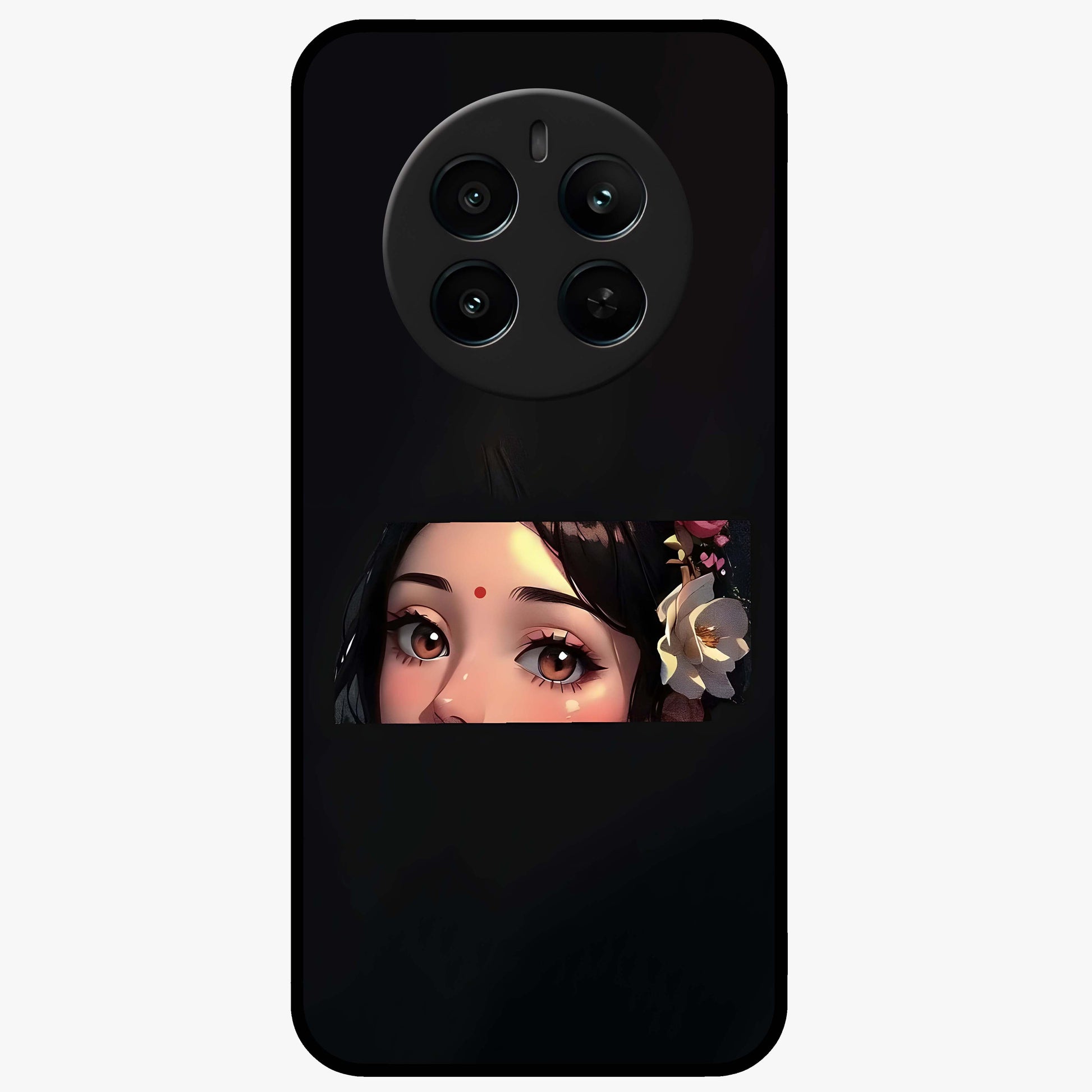 Radha Divine Embrace Glass Case showing flat back view with devotional Radha artwork and glossy glass finish.