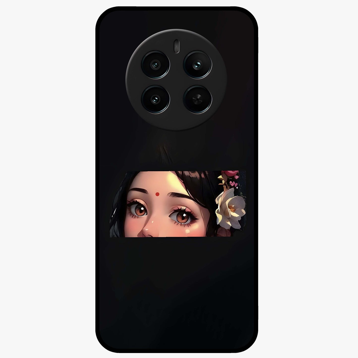 Radha Divine Embrace Glass Case showing flat back view with devotional Radha artwork and glossy glass finish.