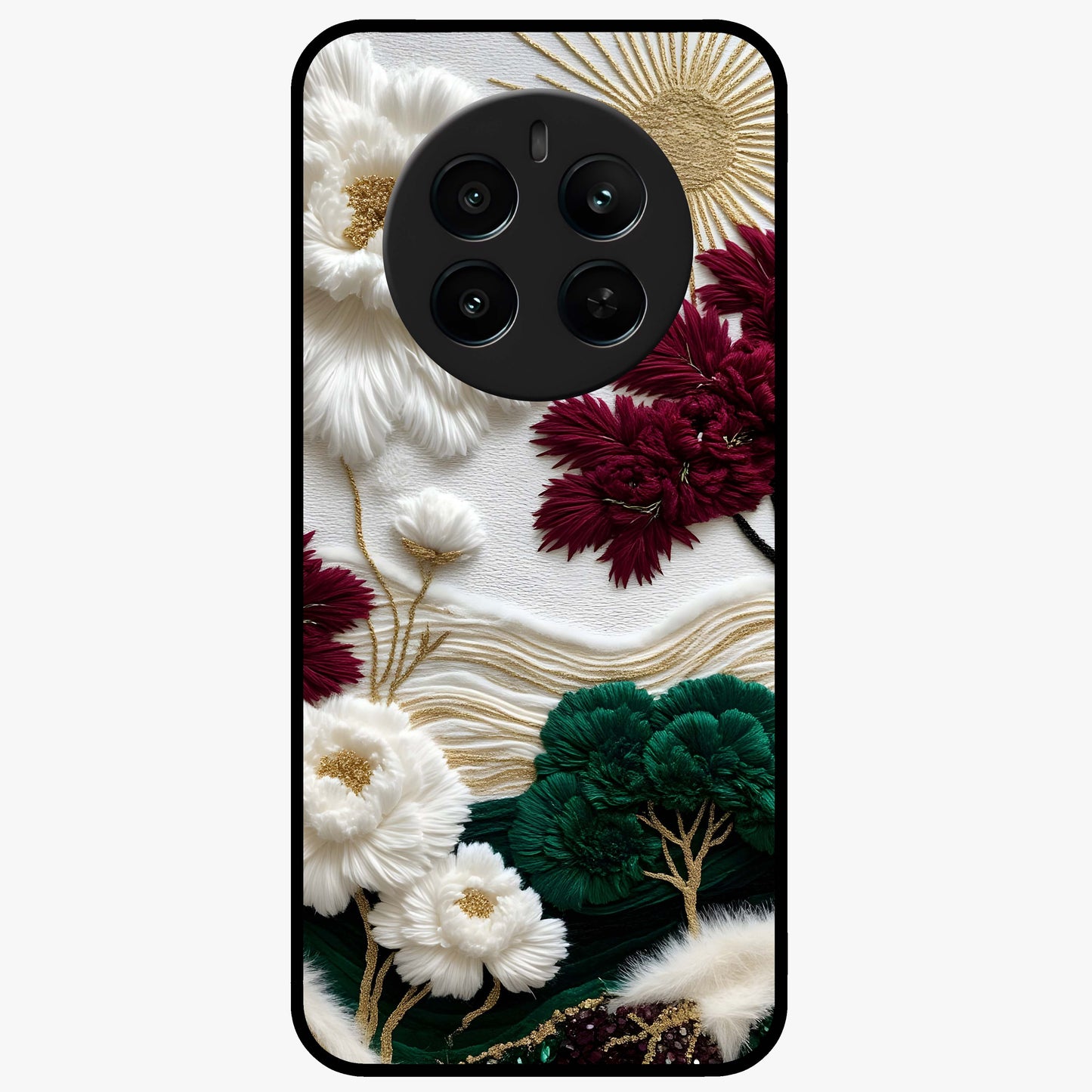 Radiant Bloom Elegance Glass Case showing flat back view with elegant blooming flower artwork and glossy glass finish.