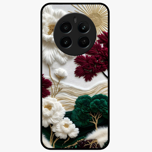 Radiant Bloom Elegance Glass Case showing flat back view with elegant blooming flower artwork and glossy glass finish.