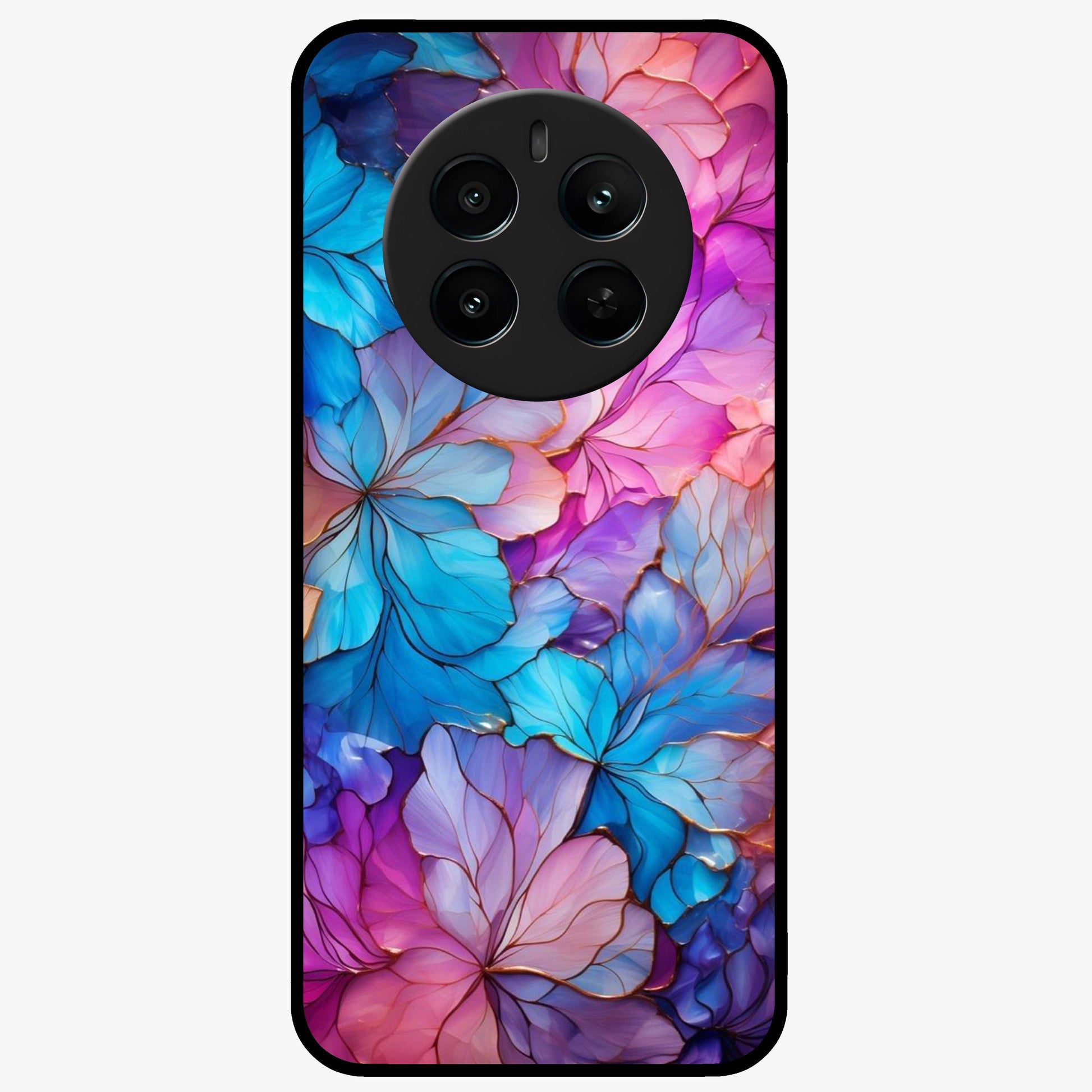 Radiant Floral Whirl Glass Case showing flat back view with swirling floral artwork and glossy glass finish.