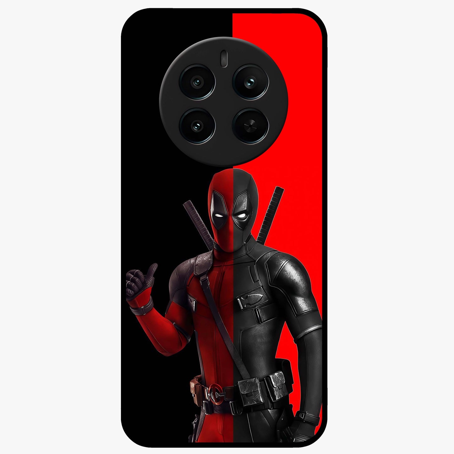 Red & Black Deadpool Theme Glass Case showing flat back view with bold comic inspired artwork and glossy glass finish.