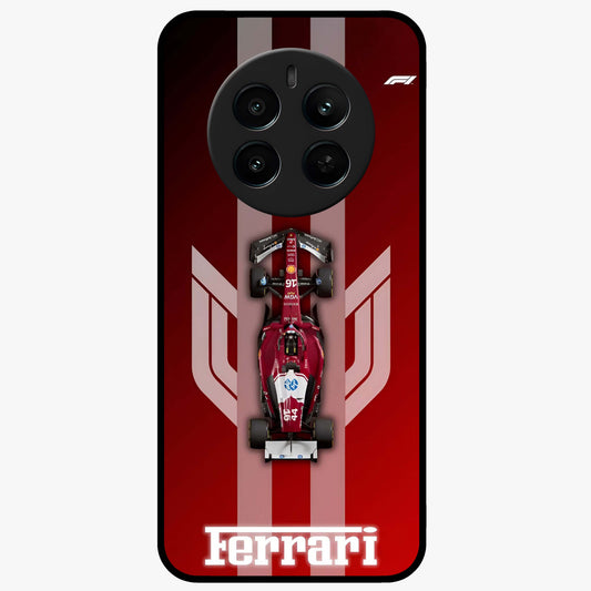 Red Ferrari F1 Vertical Glass Case showing flat back view with sleek Formula racing car artwork and glossy glass finish.