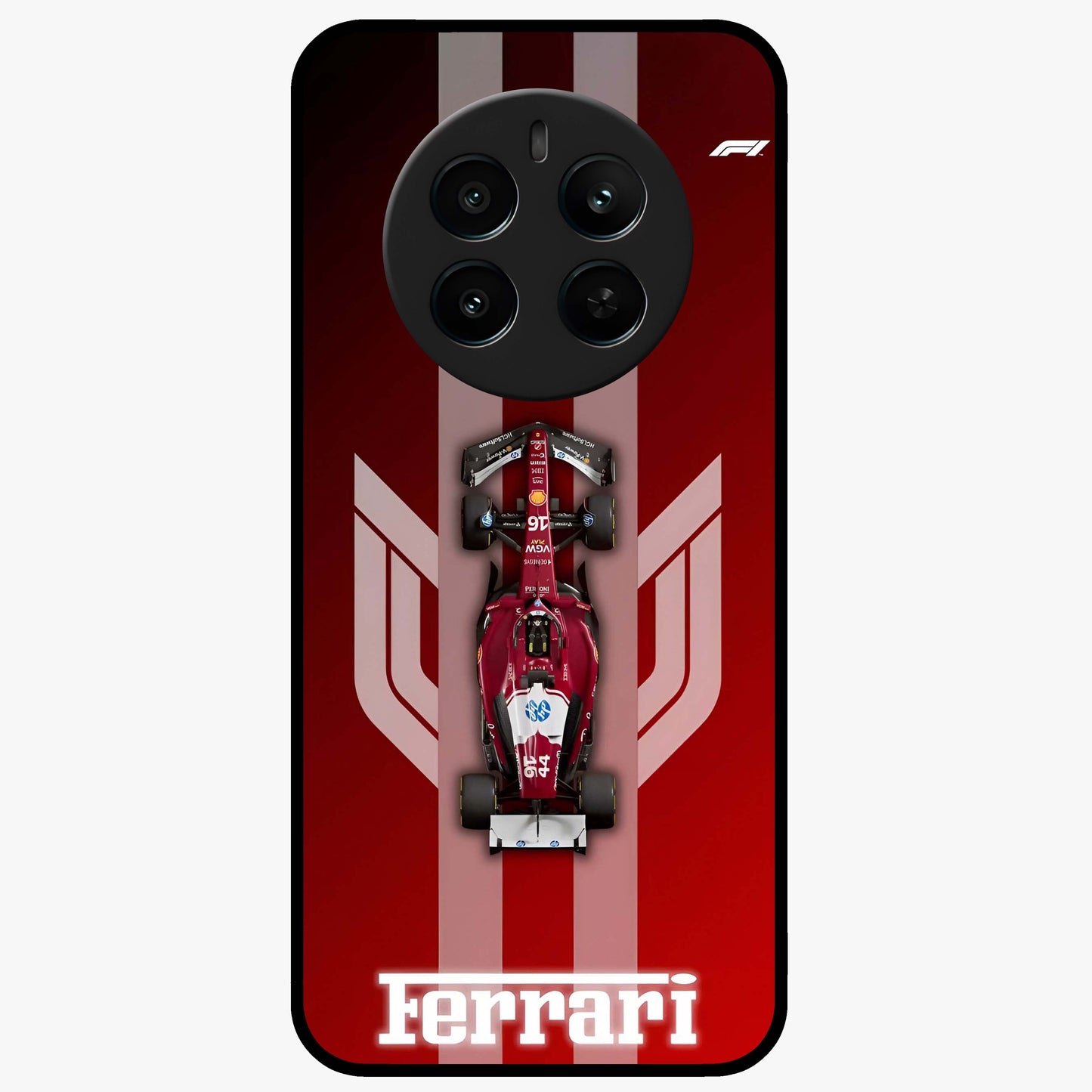 Red Ferrari F1 Vertical Glass Case showing flat back view with sleek Formula racing car artwork and glossy glass finish.