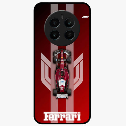 Red Ferrari F1 Vertical Glass Case showing flat back view with sleek Formula racing car artwork and glossy glass finish.