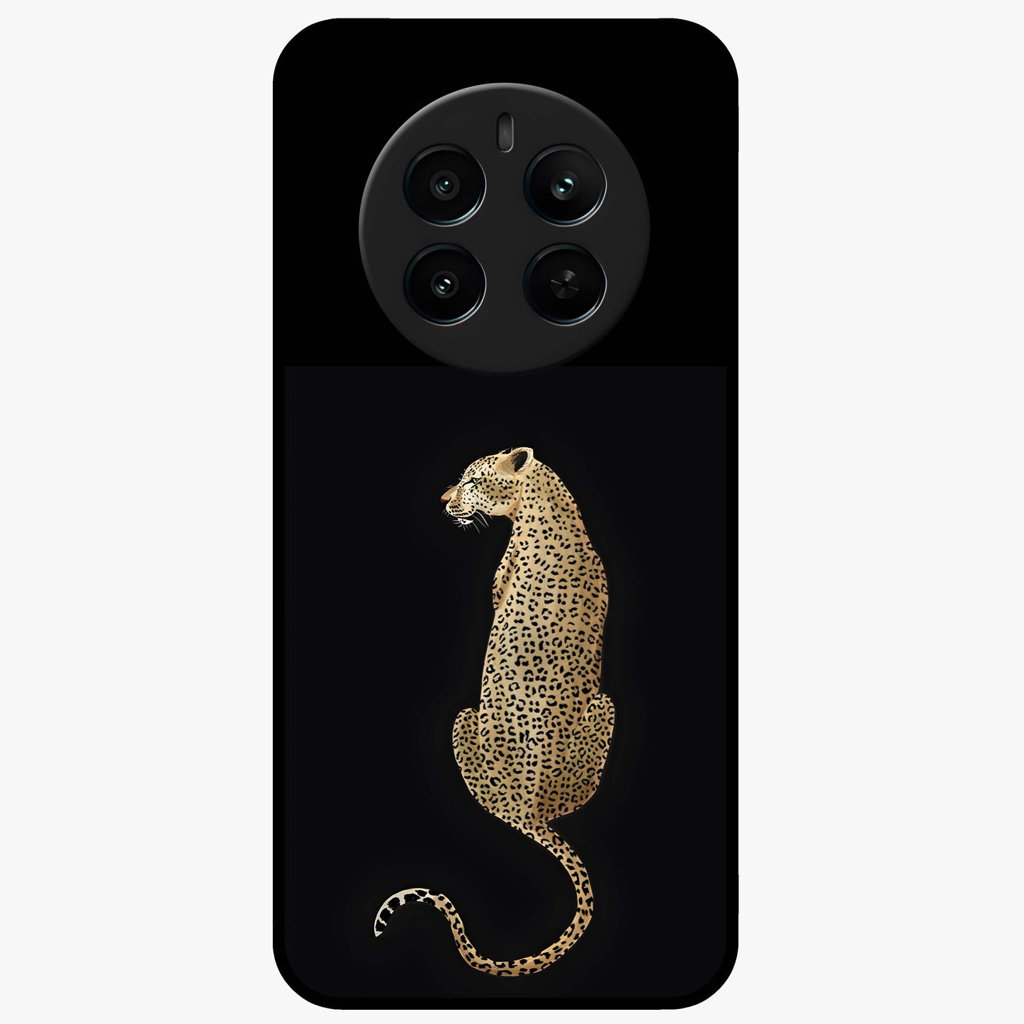 Regal Leopard Glass Case showing flat back view with bold leopard artwork and glossy glass finish.
