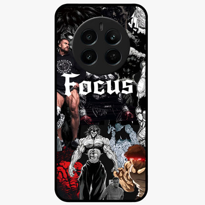 Relentless Power Focus Glass Case showing flat back view with motivational typography artwork and glossy glass finish.