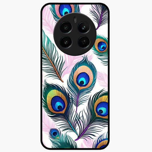 Royal Peacock Feathers Glass Case showing flat back view with colorful peacock feather artwork and glossy glass finish.
