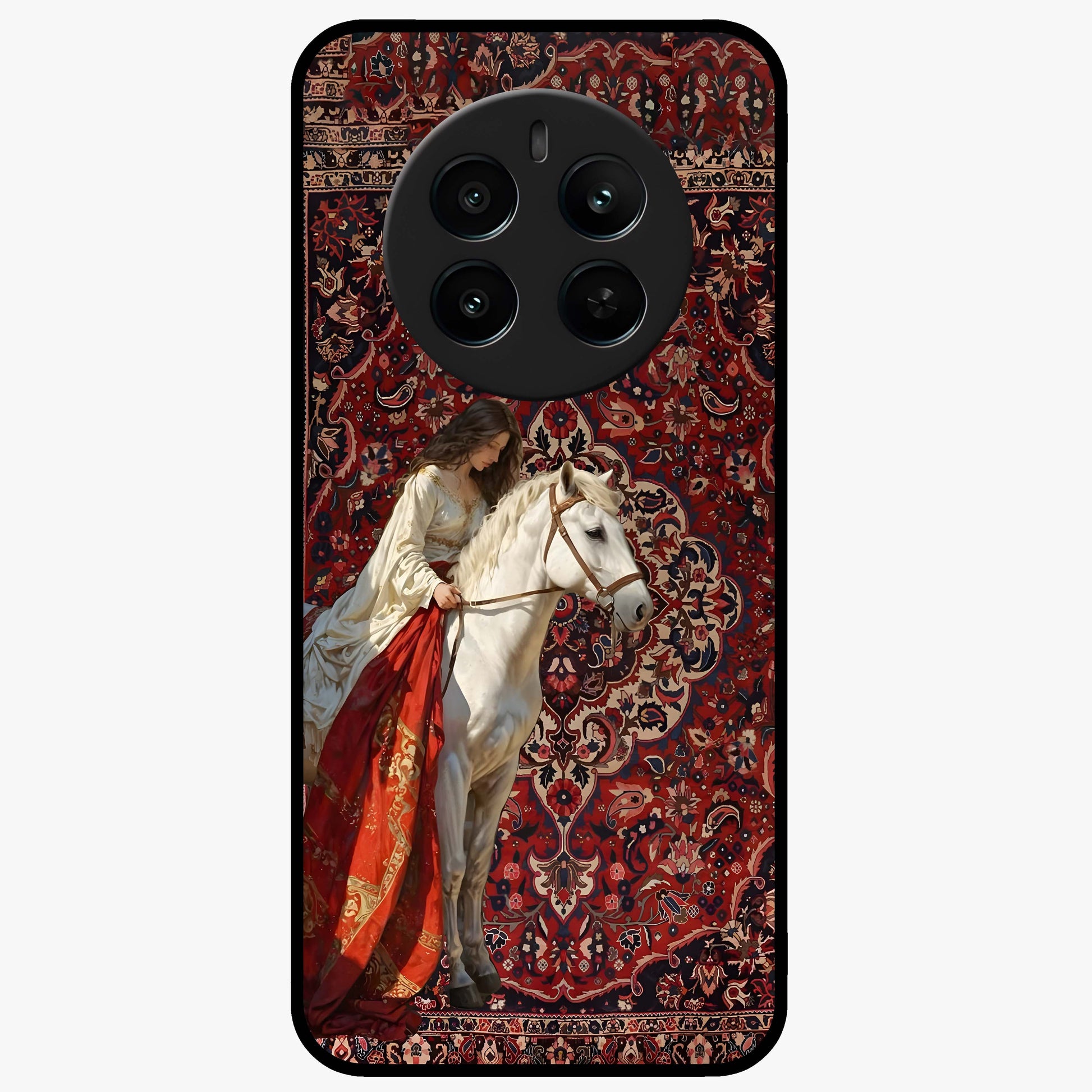 Royal Rider Tapestry Glass Case showing flat back view with majestic horse rider tapestry artwork and glossy glass finish.