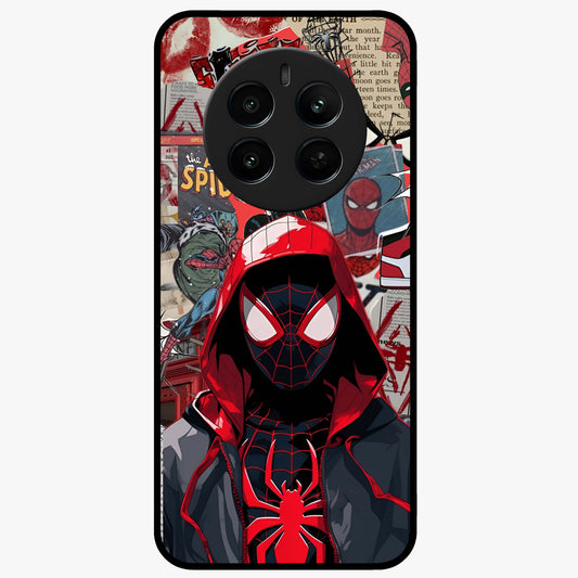 Spider Collage Street Glass Case showing flat back view with vibrant superhero collage artwork and glossy glass finish.