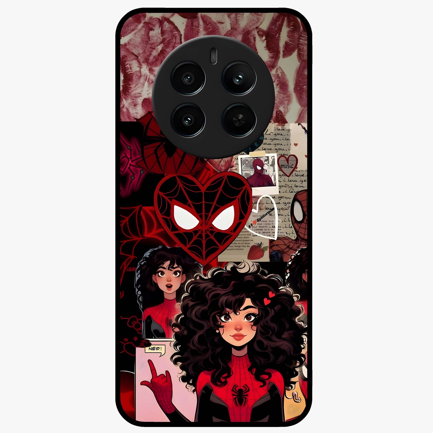 Spider Love Story Glass Case showing flat back view with romantic superhero themed artwork and glossy glass finish.