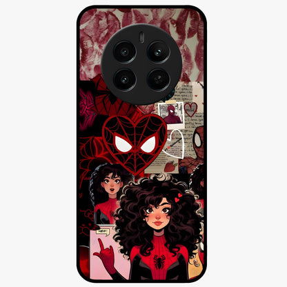 Spider Love Story Glass Case showing flat back view with romantic superhero themed artwork and glossy glass finish.