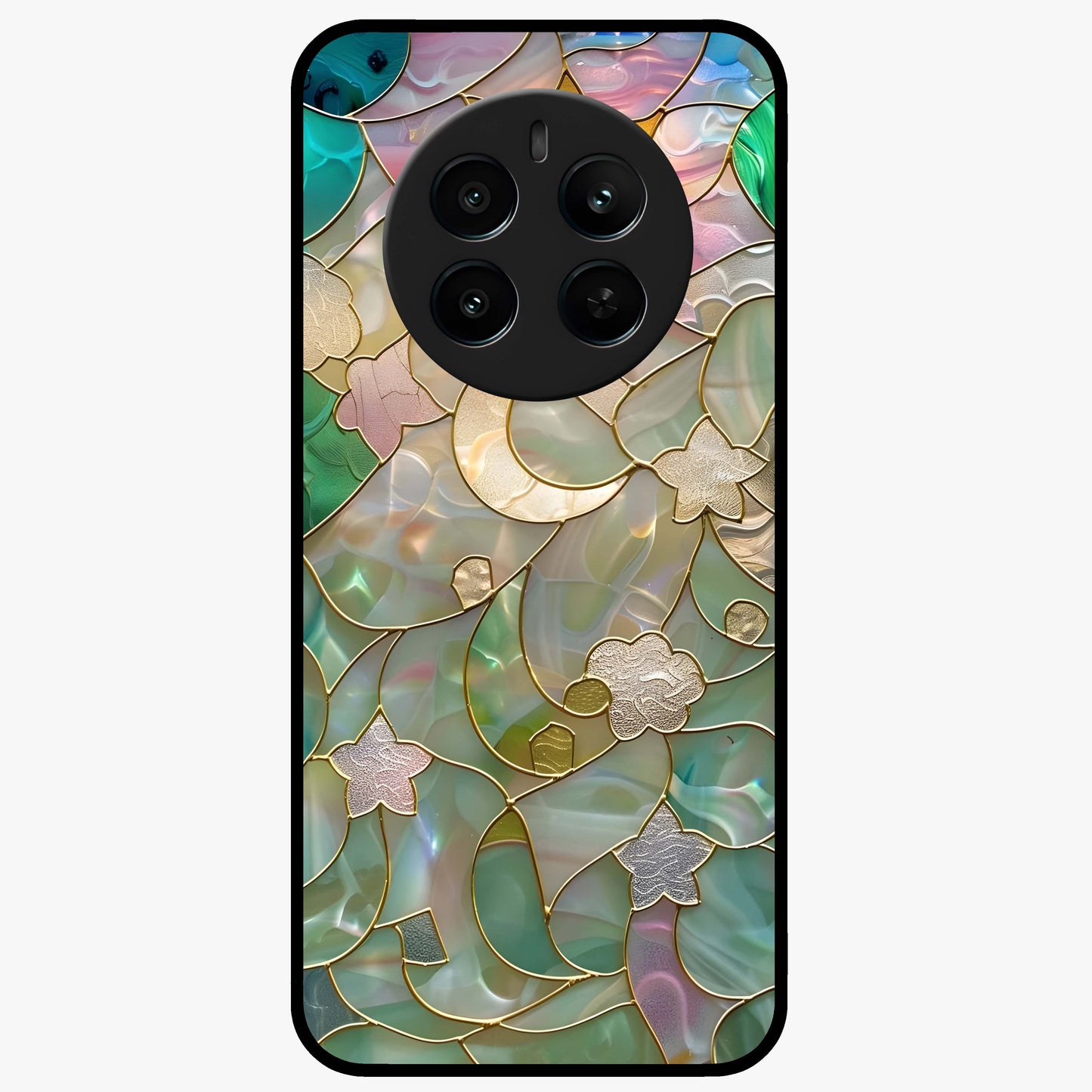 Stained Sunrise Glow Glass Case showing flat back view with glowing sunrise stained pattern artwork and glossy glass finish.