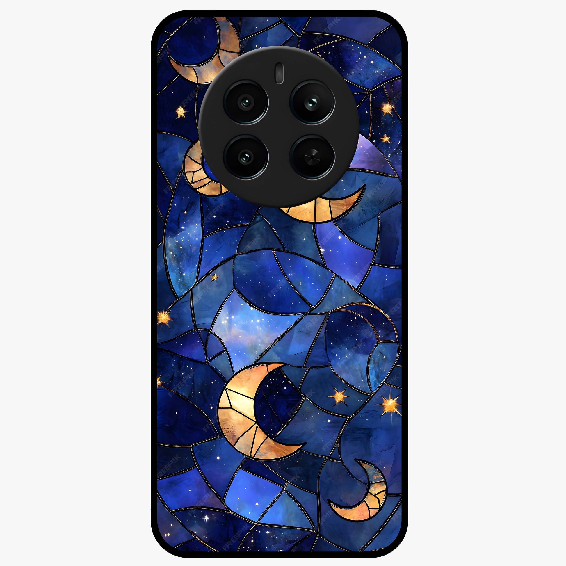 Starlit Sky Tapestry Glass Case showing flat back view with decorative starry sky tapestry artwork and glossy glass finish.