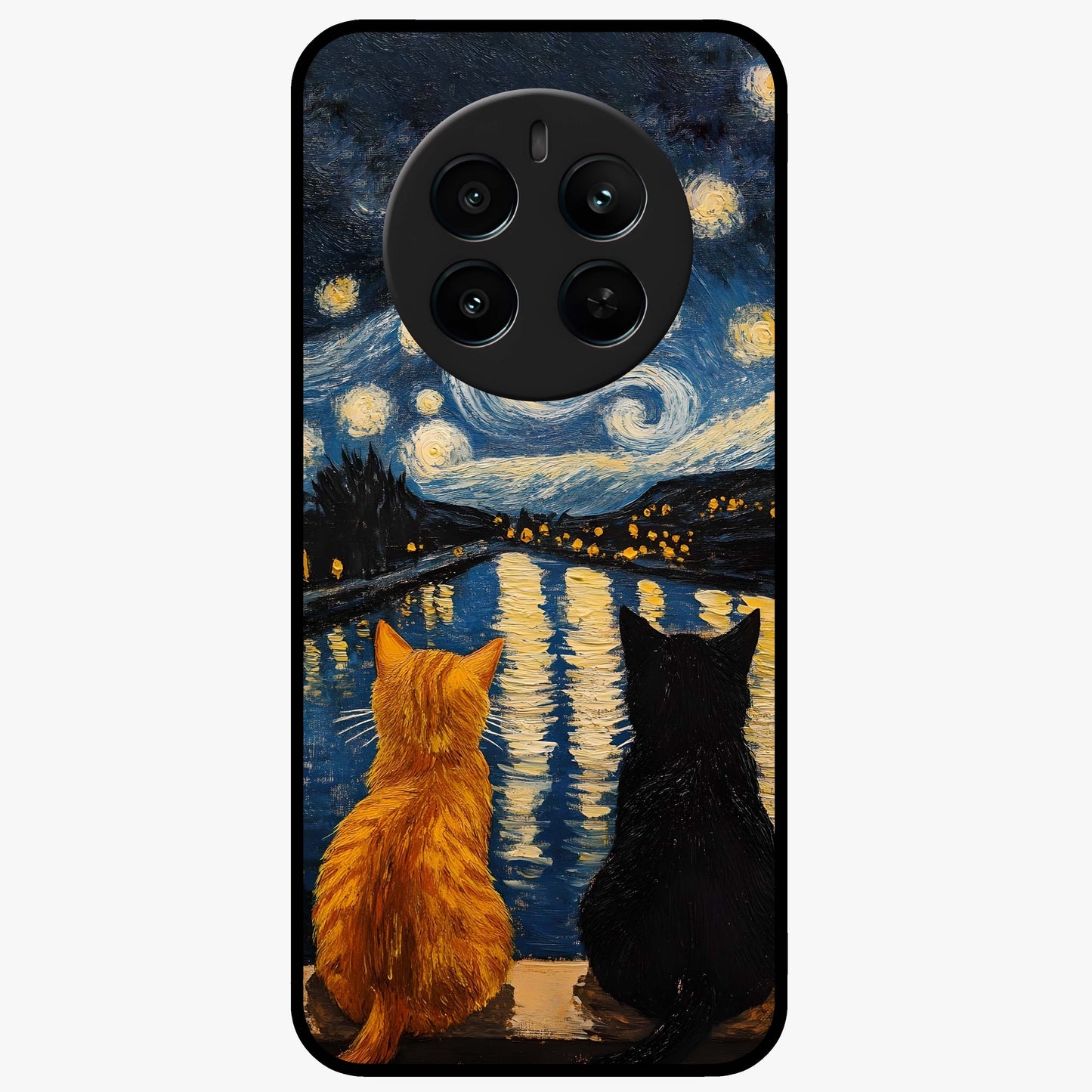 Starry River Cats Glass Case showing flat back view with cats by a starry river artwork and glossy glass finish.