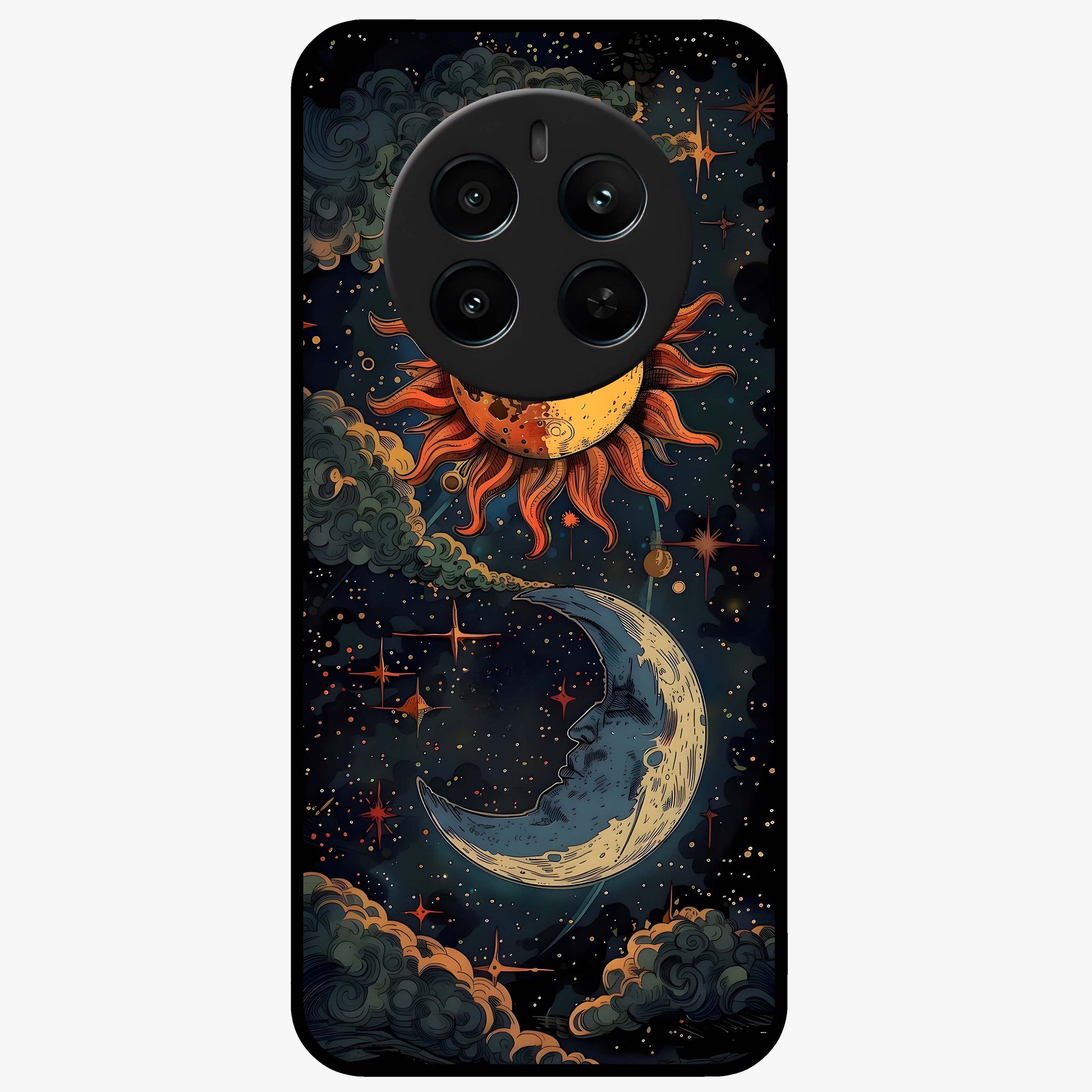 Sun And Moon Magic Design Glass Case showing flat back view with mystical sun and moon artwork and glossy glass finish.