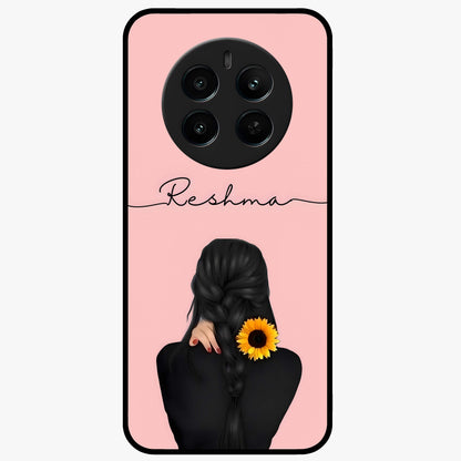 Sunflower Braid Beauty With Custom Name Glass Case showing flat back view with sunflower braid artwork and personalized name design.