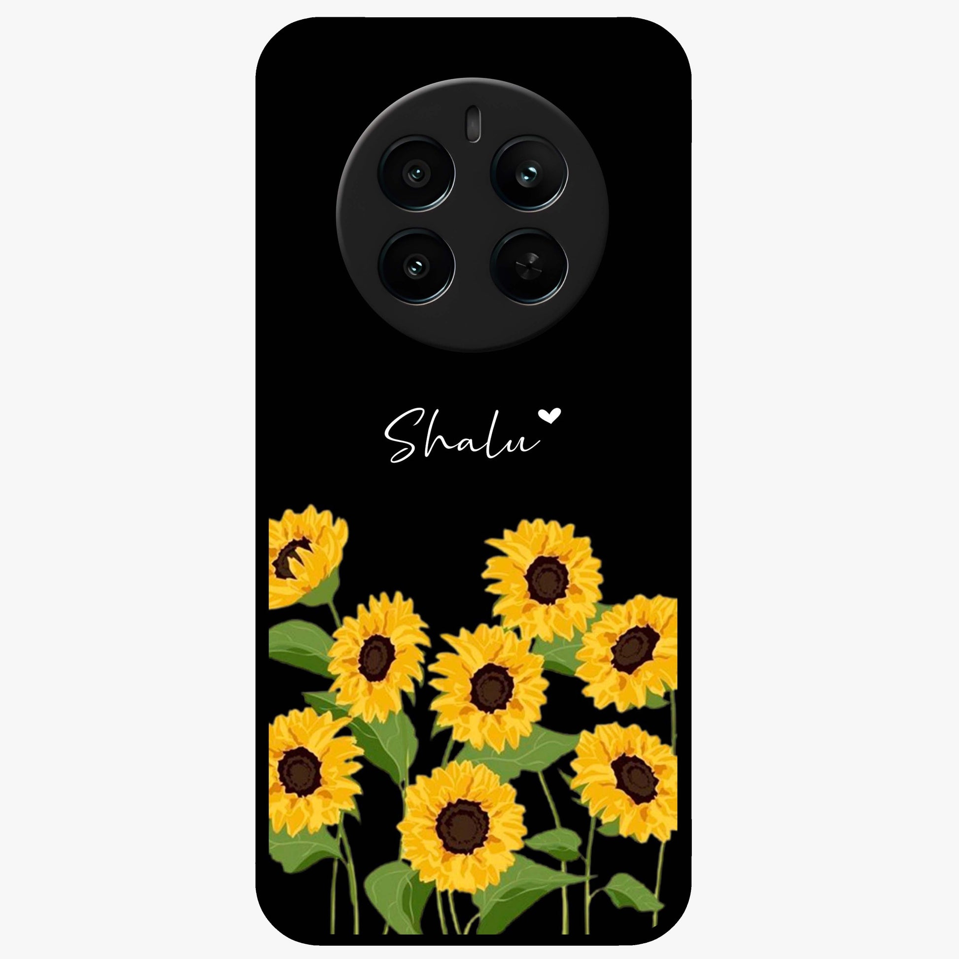 Sunflower Chic Mood Custom Name Glass Case showing flat back view with stylish sunflower artwork and personalized name design.