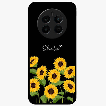 Sunflower Chic Mood Custom Name Glass Case showing flat back view with stylish sunflower artwork and personalized name design.