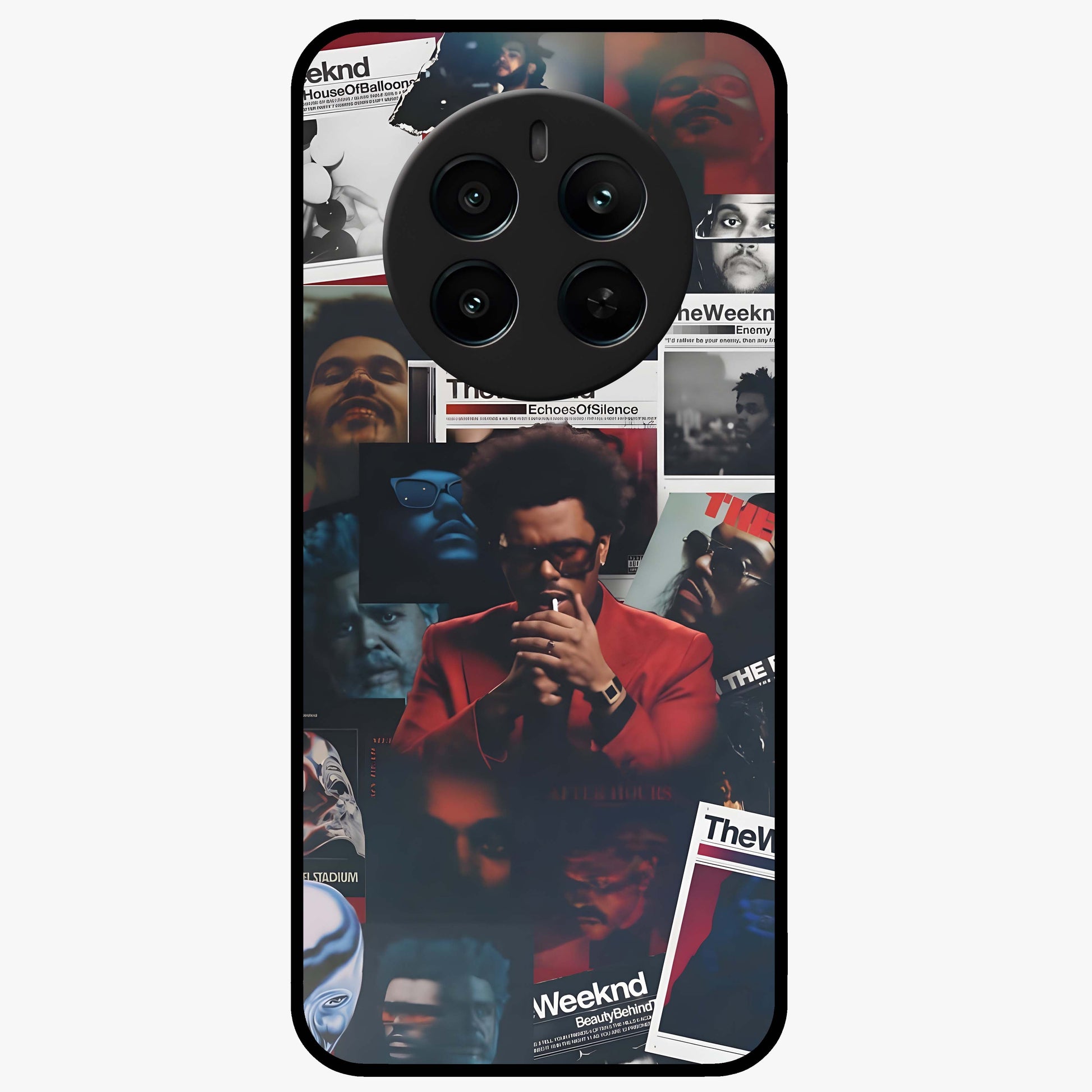 The Weeknd Glass Case showing flat back view with music inspired artistic portrait artwork and glossy glass finish.