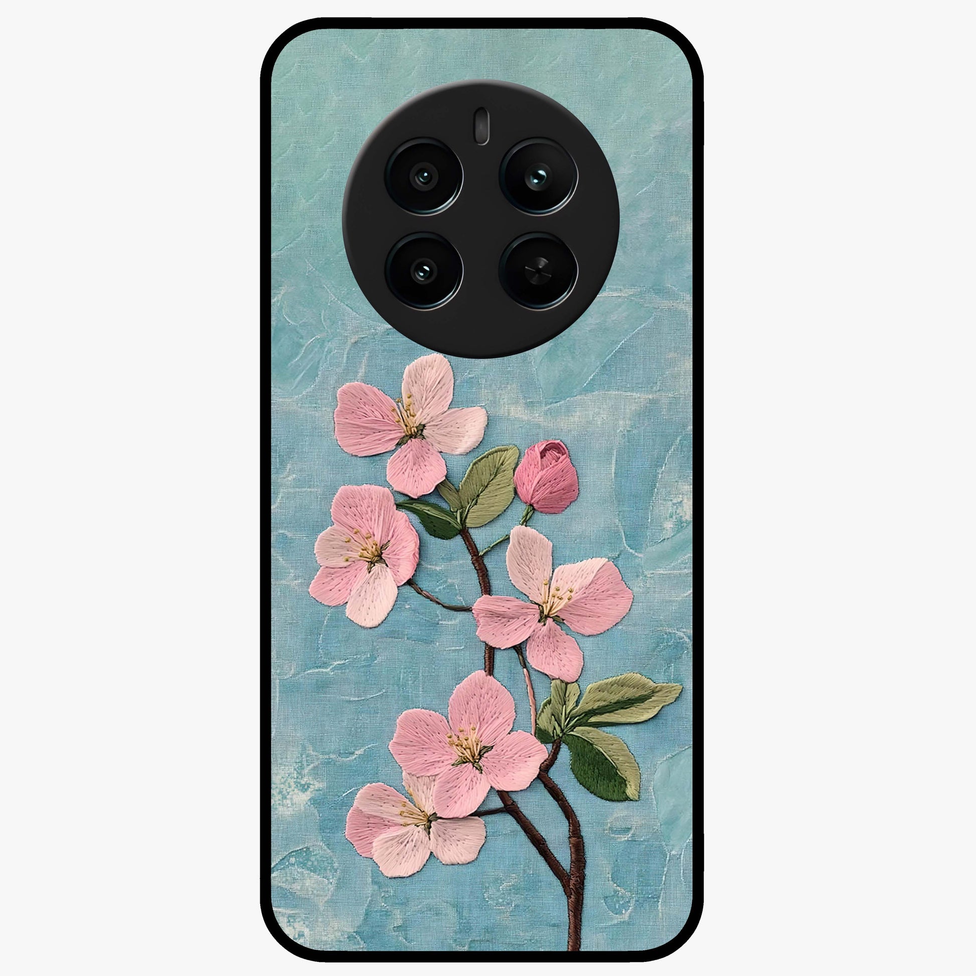 Threaded Blossom Breeze Glass Case showing flat back view with delicate blossom artwork and glossy glass finish.