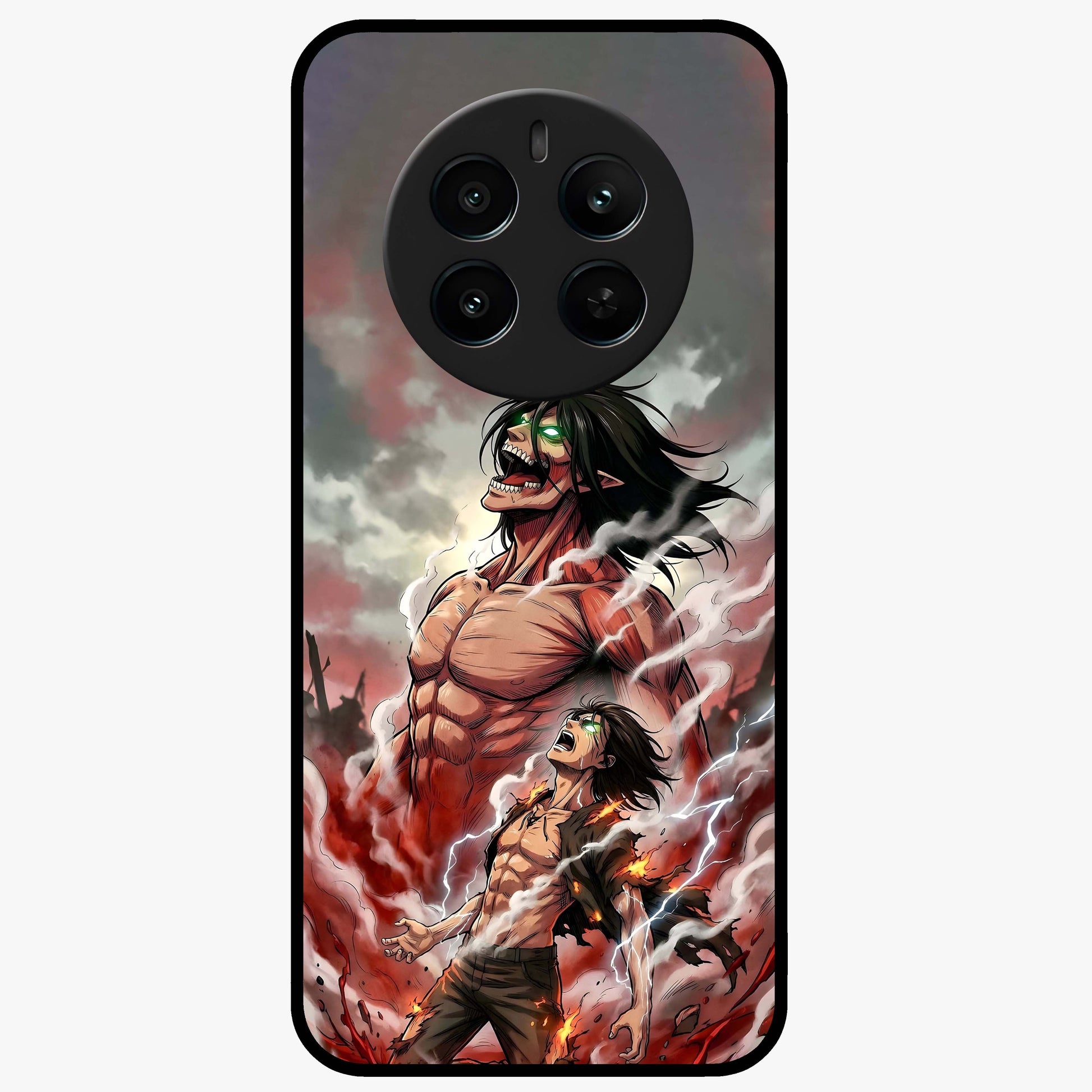 Titan Awakening Fury Glass Case showing flat back view with powerful titan inspired artwork and glossy glass finish.
