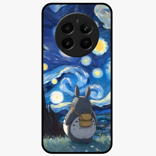 Totoro In Van Gogh Art Glass Case showing flat back view with whimsical character artwork inspired by Van Gogh style and glossy glass finish.