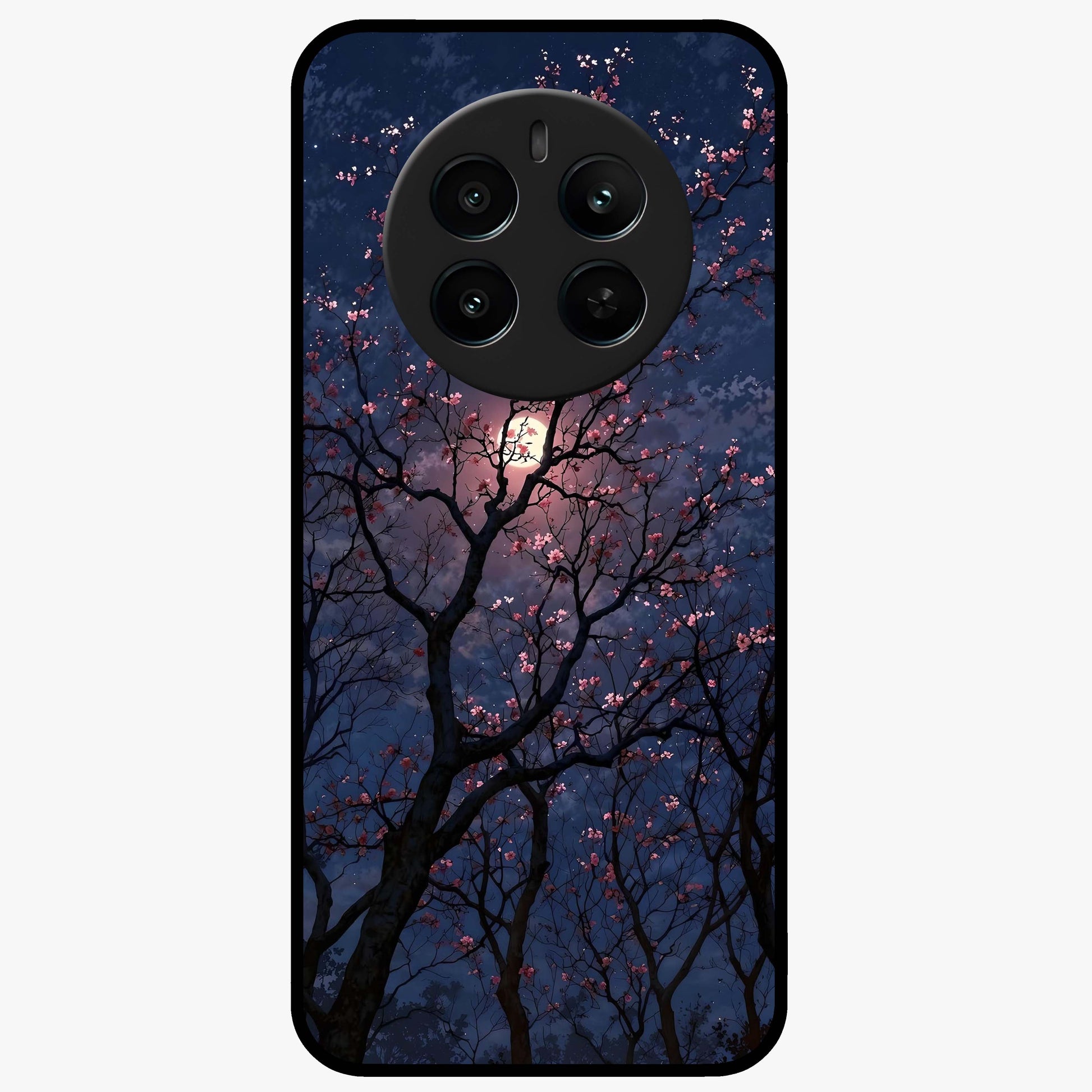 Twilight Sakura Serenade Glass Case showing flat back view with cherry blossom artwork at twilight and glossy glass finish.
