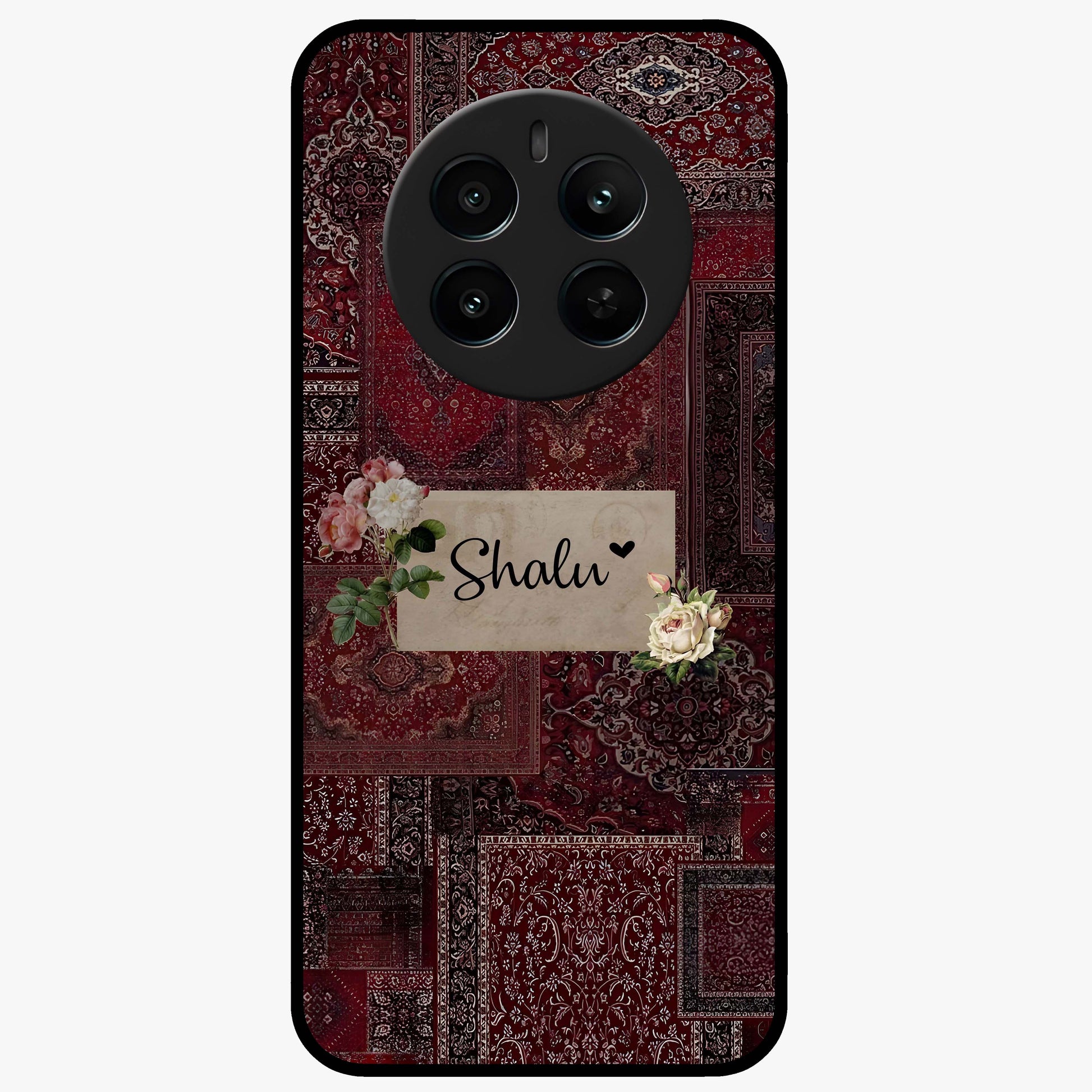 Velvet Wine Pattern Custom Name Glass Case showing flat back view with elegant wine colored pattern artwork and personalized name design.